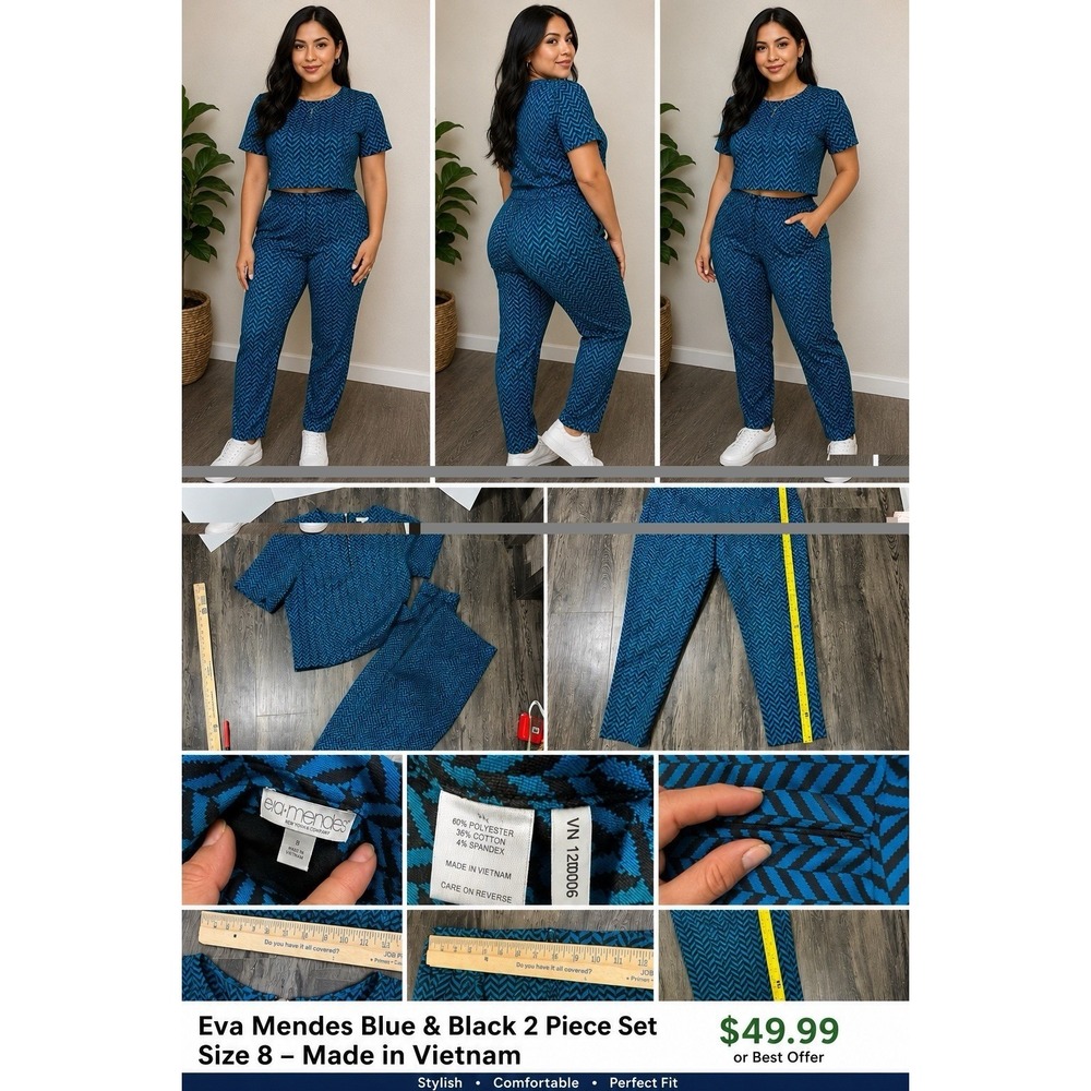 ⁠Eva Mendes New York & Co Womens 2 Piece Outfit Chevron Blue Top Large Pants 8⁠